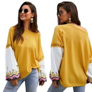 Sucrefas Boho Top Embroidered Crochet Oversized S Long Bishop Sleeves Yellow